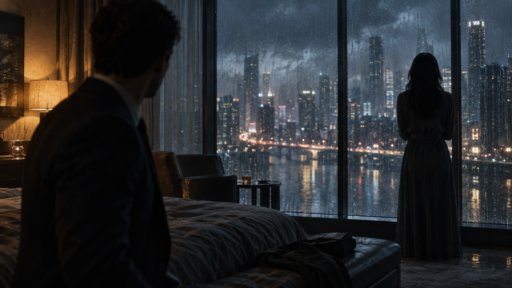 A figure at a rain-darkened window, seen from behind